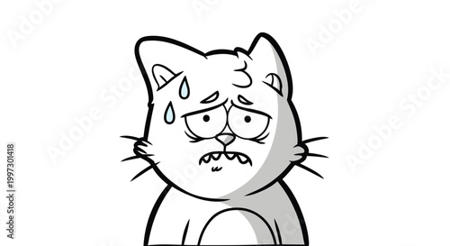 Stressed cartoon cat with sweat drops.