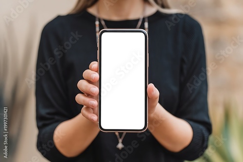 A mobile phone with white screen in a woman's hands