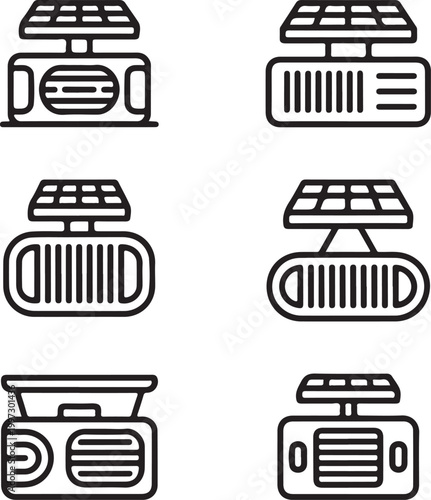 Solar powered beach speaker black line icon set. Flat vector illustration