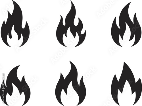 Professional set of black fire flame silhouette icons for energy heat and danger warning concept vector