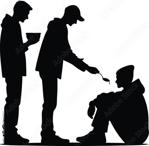 Silhouette of people helping the needy offering food and support to a homeless person concept of charity and compassion isolated on white