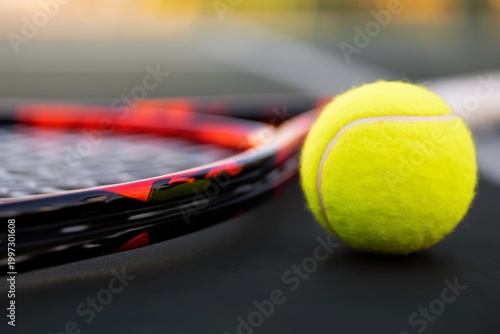 Tennis Ball Rests Beside Racket on Court During Evening Practice Session