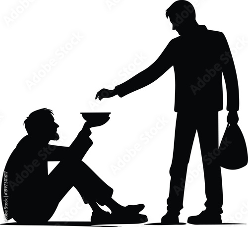 Silhouette of a person giving alms to a beggar concept of charity and generosity isolated on white background