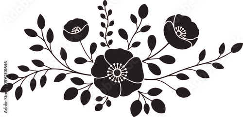 Flowers with delicate petals and leaves form a decorative botanical arrangement centered on a clean white background.