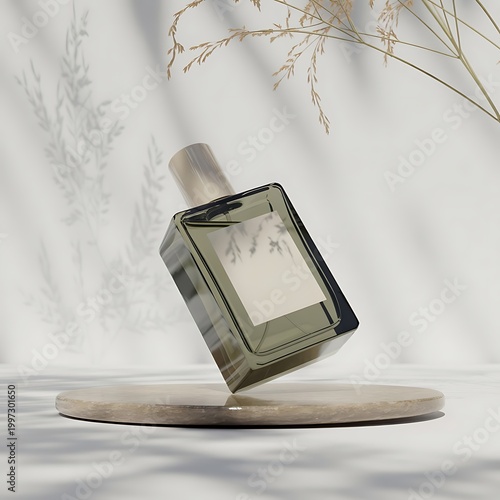 Transparent bottle of perfume with white label on stone plate on a white background. Fragrance presentation with daylight. Trending concept in natural materials with plant shadows. Women's and men's