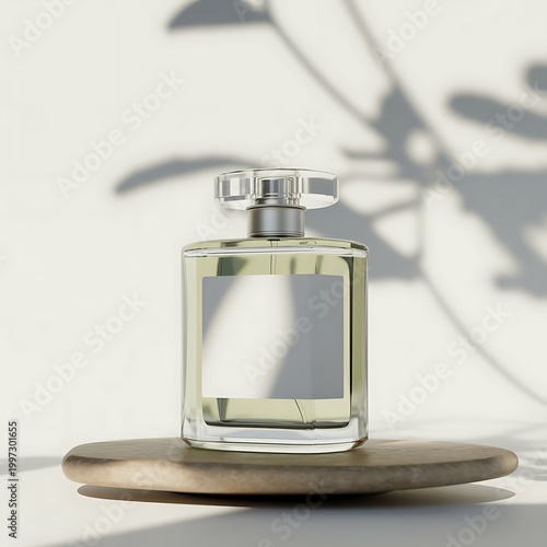 Transparent bottle of perfume with white label on stone plate on a white background. Fragrance presentation with daylight. Trending concept in natural materials with plant shadows. Women's and men's