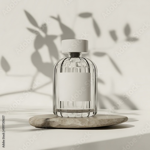 Transparent bottle of perfume with white label on stone plate on a white background. Fragrance presentation with daylight. Trending concept in natural materials with plant shadows. Women's and men's