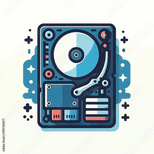 Cartoon illustration of a hard drive with round platter arm and blocky components