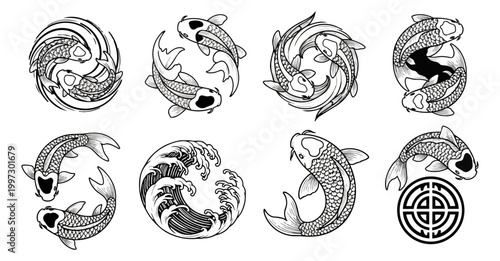 Koi fish and wave symbols on black background