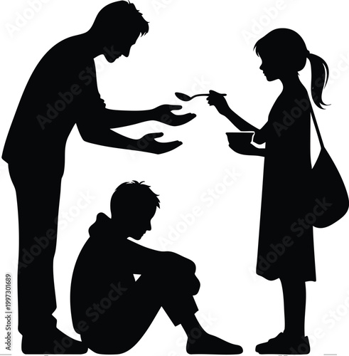 Silhouette of a girl feeding a hungry child with a man offering help representing charity and social support isolated on white