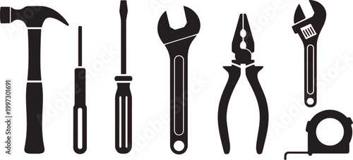 Tools including a hammer, screwdrivers, wrench, pliers, and tape measure are arranged in a horizontal row against a plain background.