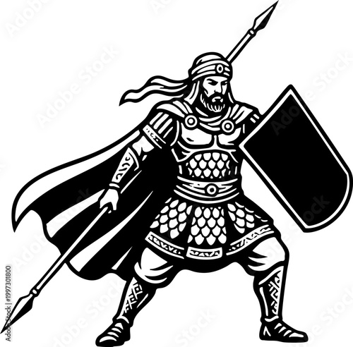 Ancient Warrior Mascot with Spear and Shield Vector Illustration