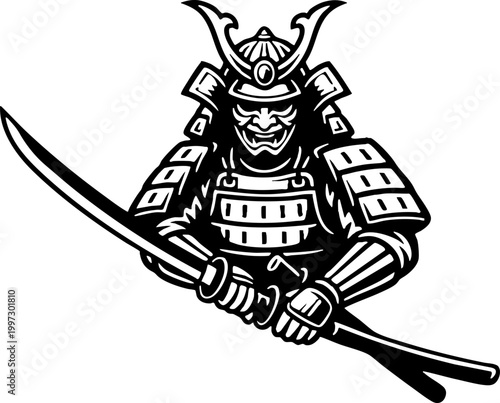 Samurai warrior in traditional armor holding katana sword illustration