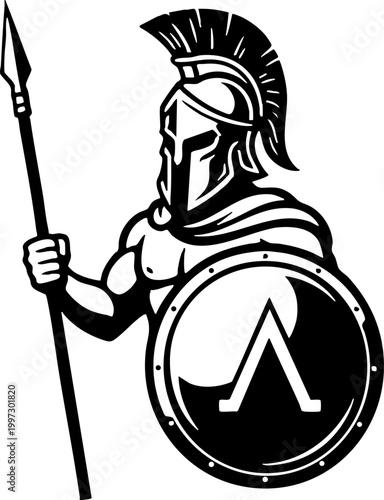 Spartan Warrior Mascot with Spear and Shield Illustration