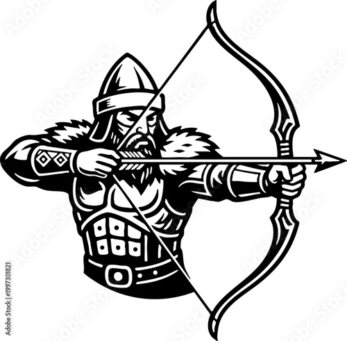 Warrior Archer Aiming Bow and Arrow Vector Illustration