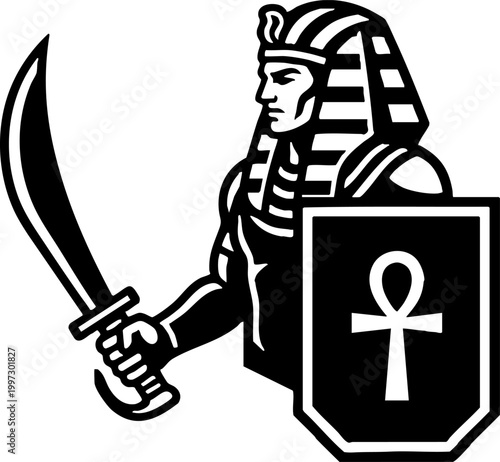 Egyptian Pharaoh Warrior Mascot with Sword and Ankh Shield