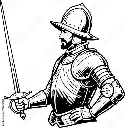 Spanish Conquistador soldier with sword line art illustration