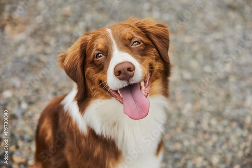 Happy Dog Sitting in Front of a Brick Wall on a Bright Sunny Day