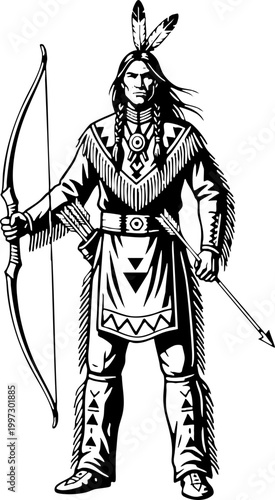 Native American Warrior with Bow and Arrow Illustration