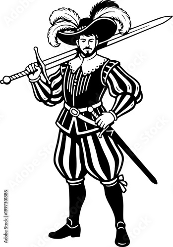 Historical Landsknecht Soldier with Sword Line Art Illustration