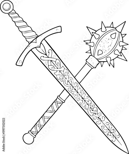 Crossed medieval sword and spiked mace line art illustration