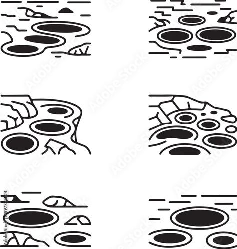Tidal pools silhouette. Outline rocks and small water pockets vector set