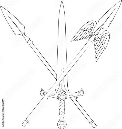 Medieval weapon crest with sword and crossed spears line art