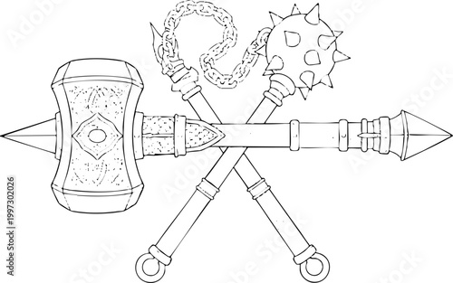 Crossed Medieval War Hammer and Spiked Flail Line Art