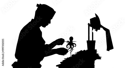 Silhouette of a Person Manipulating a Puppet in a Shadow Play.