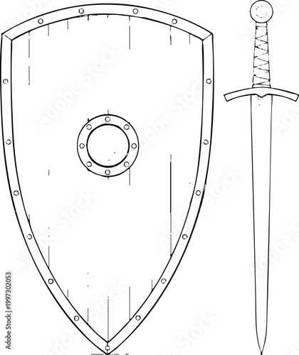 Medieval kite shield and longsword line art illustration