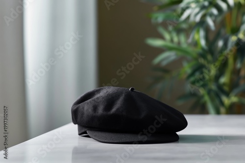 Black Beret Sits on a Marble Table Near a Green Plant With Sunlight Shining T...