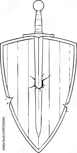 Minimalist line art of a sword piercing a wooden shield