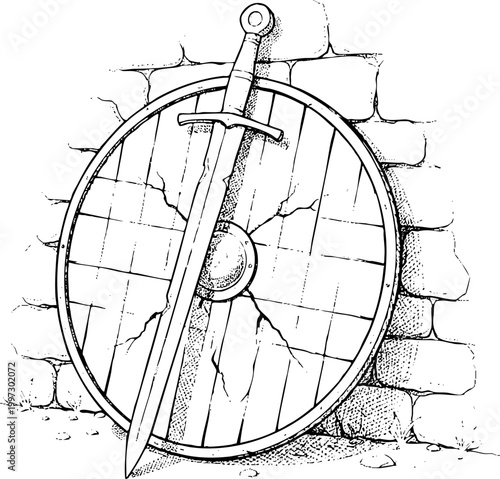 Medieval sword and round shield leaning against stone wall