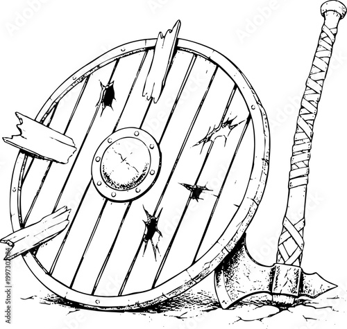 Worn Wooden Shield and Battle Axe Line Art Illustration