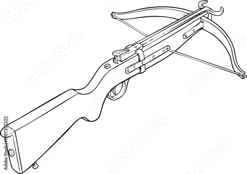 Black and white line art illustration of a classic crossbow