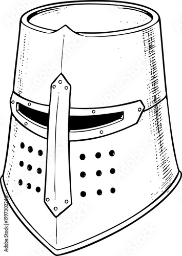 Medieval knight helmet line art illustration isolated on white