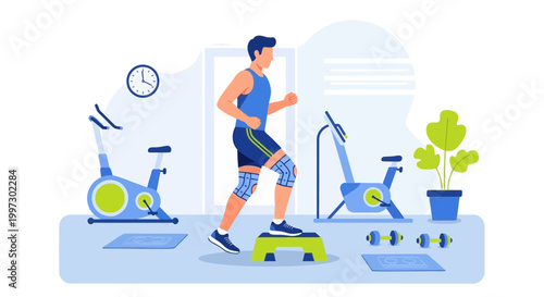 Man exercising at home on treadmill and step platform, fitness equipment