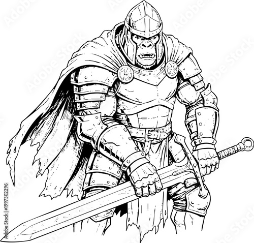 Gorilla Knight in Full Plate Armor Holding a Large Greatsword