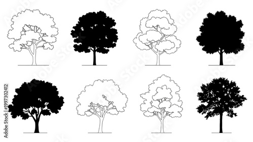 Various 2D AutoCAD tree designs in illustrations and silhouettes are shown