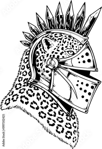 Knight helmet with leopard print and spiked crest illustration