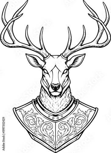 Ornate Deer Head in Knight Armor Black and White Line Art
