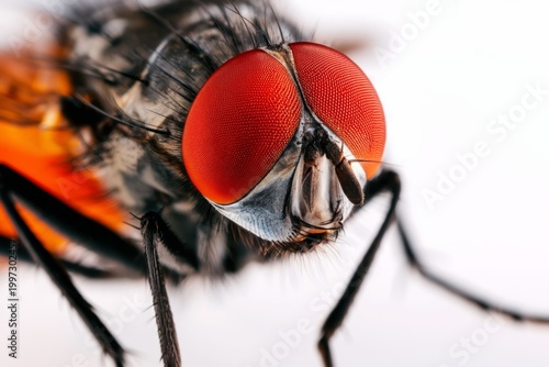 Close View of a Fly Showing Detailed Features and Red Eyes in a Simple Backgr...