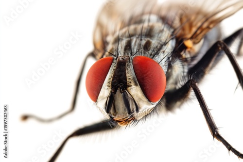 Close View of a Fly Showing Detailed Features and Red Eyes in a Simple Backgr...