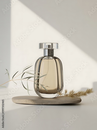 Transparent bottle of perfume on stone plate on a white background. Fragrance presentation with daylight. Trending concept in natural materials with dry plant. Women's and men's essence.