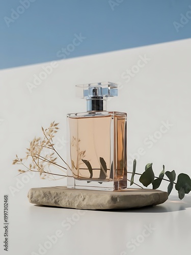 Transparent bottle of perfume on stone plate on a white background. Fragrance presentation with daylight. Trending concept in natural materials with dry plant. Women's and men's essence.