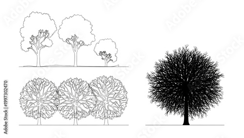 2D AutoCAD designs showcase various tree types and foliage in detailed illustrations