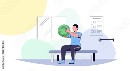 Man holding medicine ball on bench, rehabilitation and fitness concept