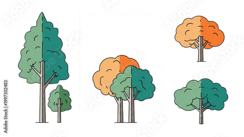 2D AutoCAD illustration of trees in various autumn colors and sizes
