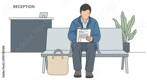 Man filling out form at reception desk waiting area, patient registration, appointment check-in