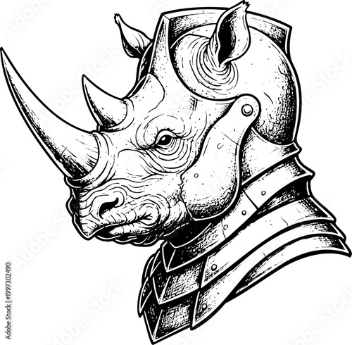 Rhinoceros in medieval knight armor engraving illustration